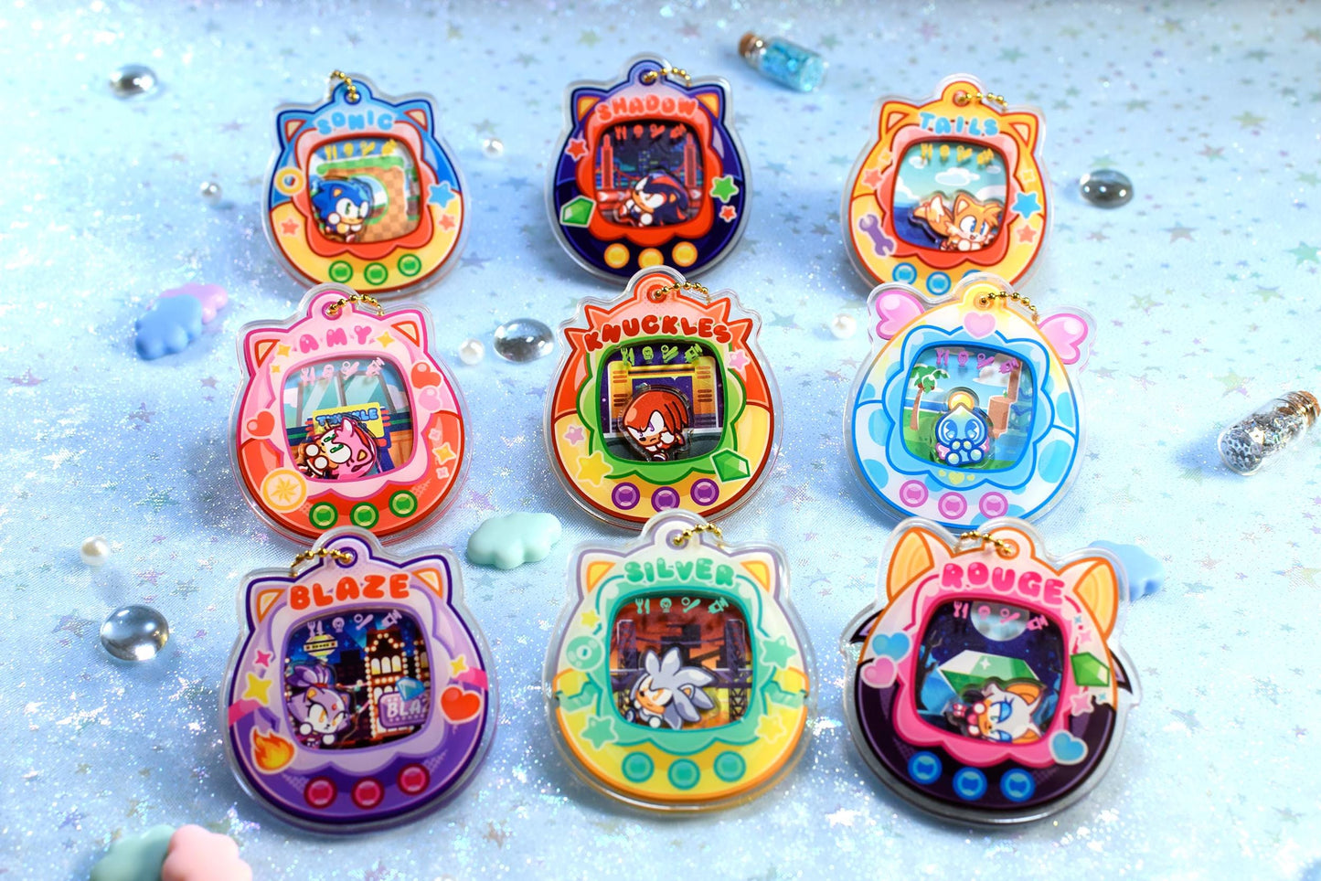 Sonic Tamagotchi Keychains - Shadow Chao Knuckles Tails Amy Silver Blaze Rouge